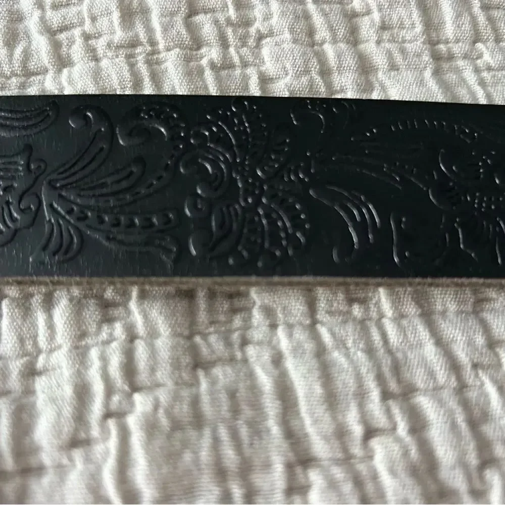 Mens Black Embossed Genuine Leather Embossed Western Inspired Belt Silver Buckle